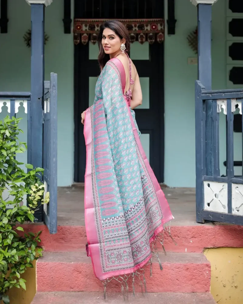 Aqua Green Pink Floral Printed Linen Saree