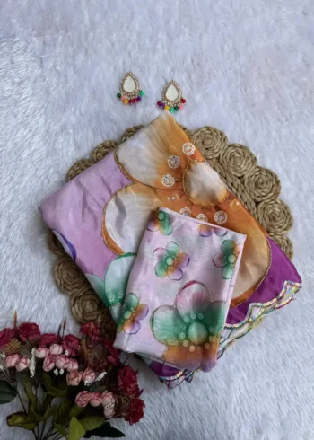 Baby Pink Chinon Silk Digital Print Saree With Rainbow Sequins Border Organza Saree