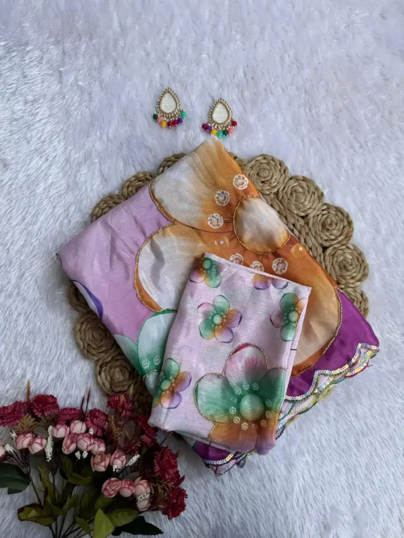 Baby Pink Chinon Silk Digital Print Saree With Rainbow Sequins Border Organza Saree