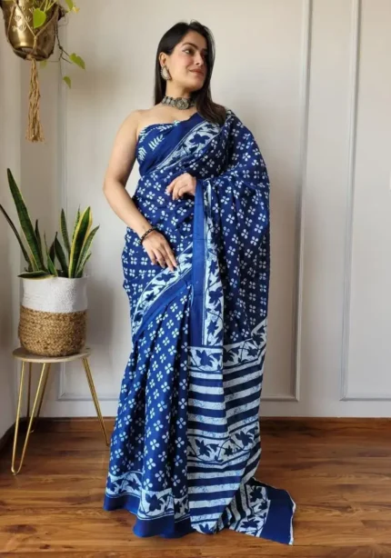 batik-printed-linen-cotton-silk-sarees-malsitara-blue