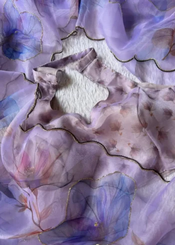 Beautiful Soft Organza Digital Print Saree With Full Handwork and Cutdana Aarka Border
