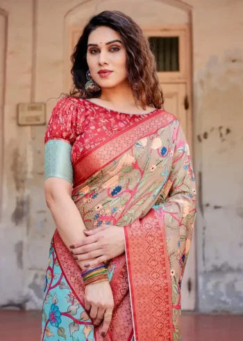 Buy Rajwadi saree 18 Beige Aqua Classic Red Zari Border Tussar Silk Saree
