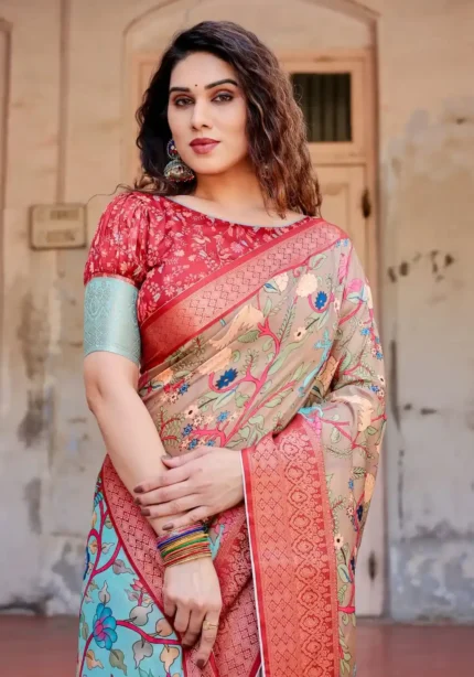 Beige Aqua Classic Red Zari Border Tussar Silk Saree