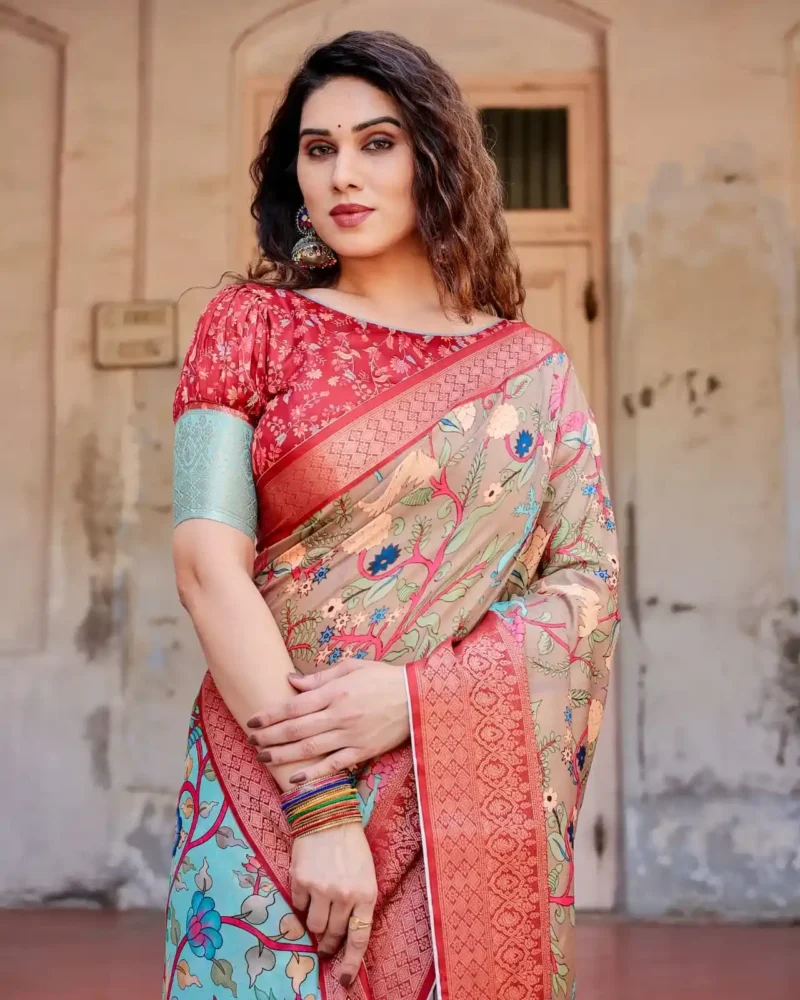 Beige Aqua Classic Red Zari Border Tussar Silk Saree