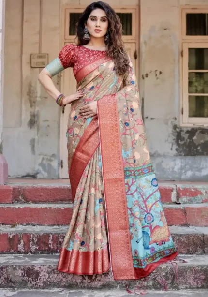 Beige Aqua Classic Red Zari Border Tussar Silk Saree