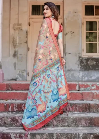 Beige Aqua Classic Red Zari Border Tussar Silk Saree