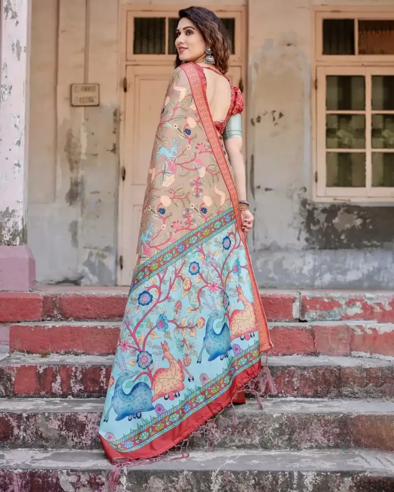 Beige Aqua Classic Red Zari Border Tussar Silk Saree