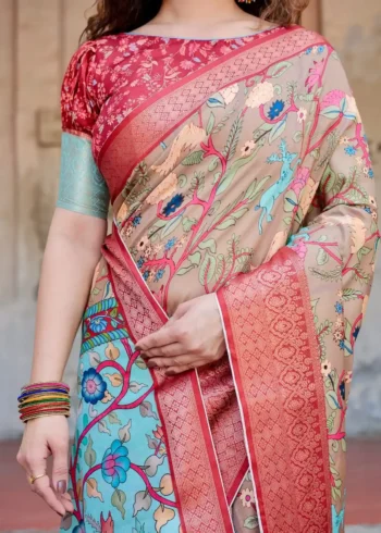 Beige Aqua Classic Red Zari Border Tussar Silk Saree
