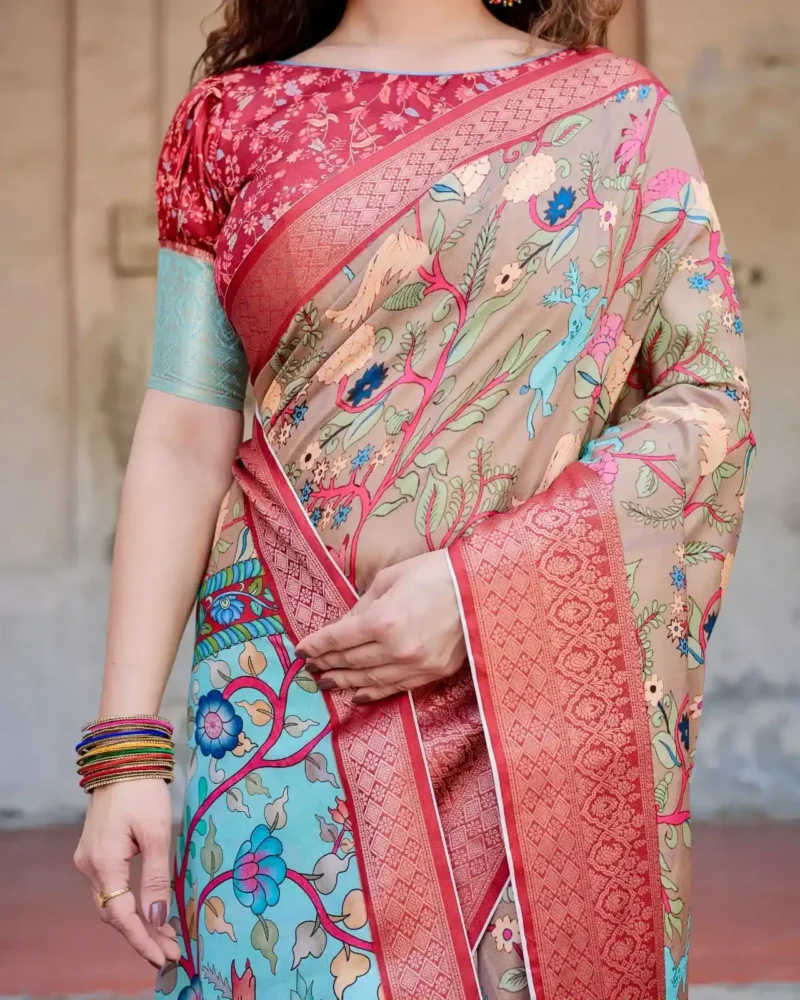 Beige Aqua Classic Red Zari Border Tussar Silk Saree