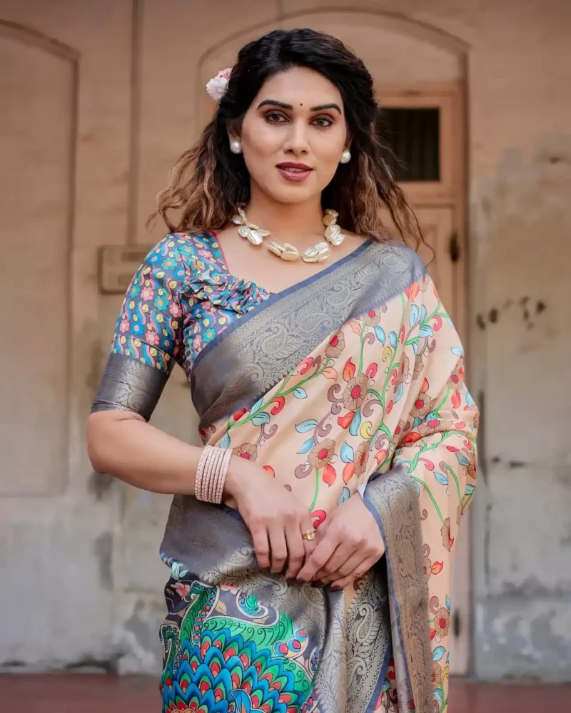 Beige Grey Base Floral Digital Print Tussar Silk Saree