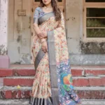 Beige Grey Base Floral Digital Print Tussar Silk Saree