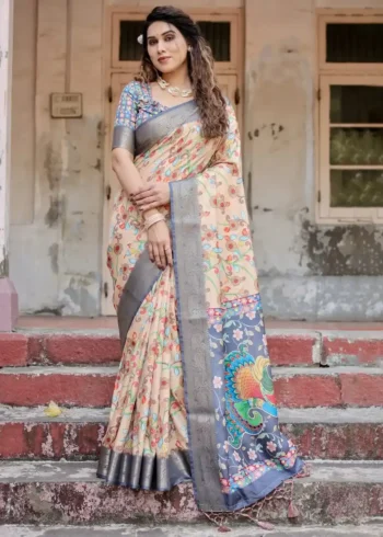 Beige Grey Base Floral Digital Print Tussar Silk Saree
