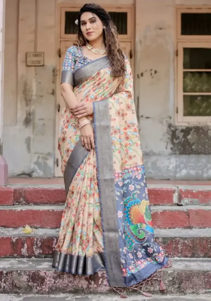 Beige Grey Base Floral Digital Print Tussar Silk Saree