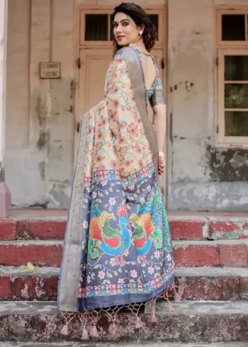 Beige Grey Base Floral Digital Print Tussar Silk Saree