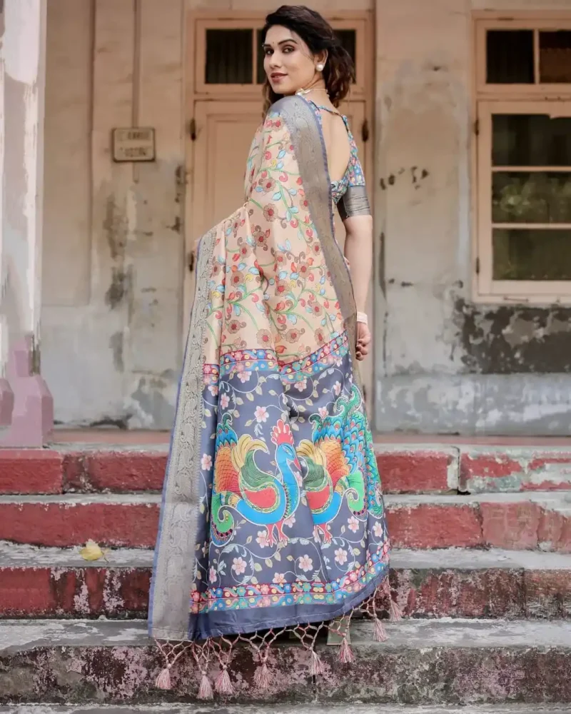 Beige Grey Base Floral Digital Print Tussar Silk Saree