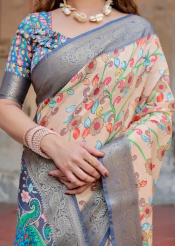 Beige Grey Base Floral Digital Print Tussar Silk Saree
