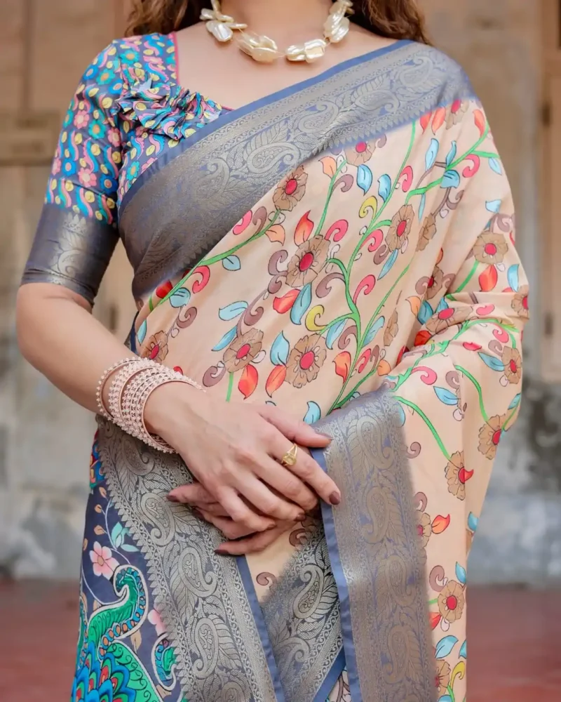 Beige Grey Base Floral Digital Print Tussar Silk Saree