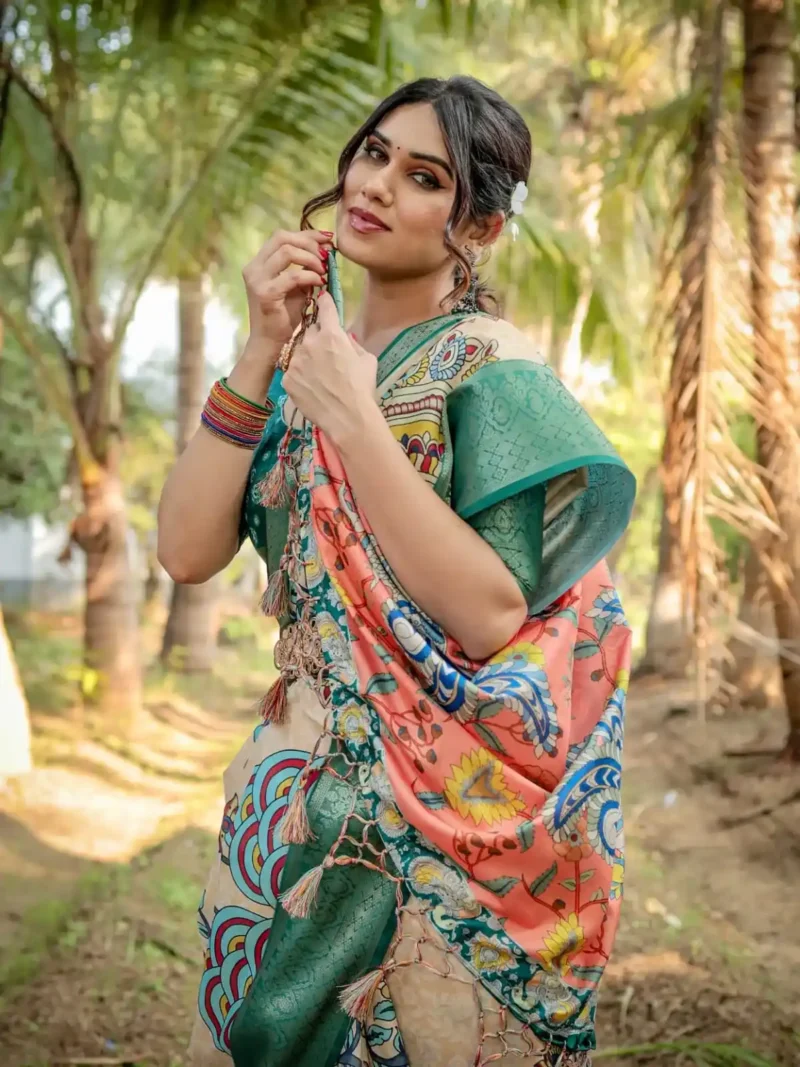Beige Multicolor Digital Print Tussar Silk Saree