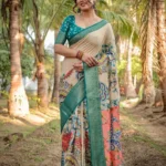 Beige Multicolor Digital Print Tussar Silk Saree