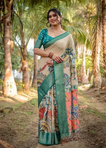 Beige Multicolor Digital Print Tussar Silk Saree