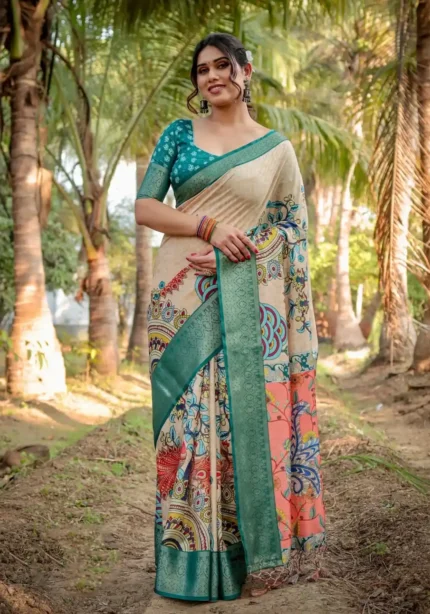 Beige Multicolor Digital Print Tussar Silk Saree