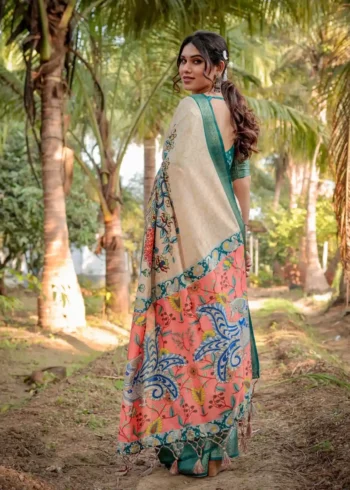 Beige Multicolor Digital Print Tussar Silk Saree
