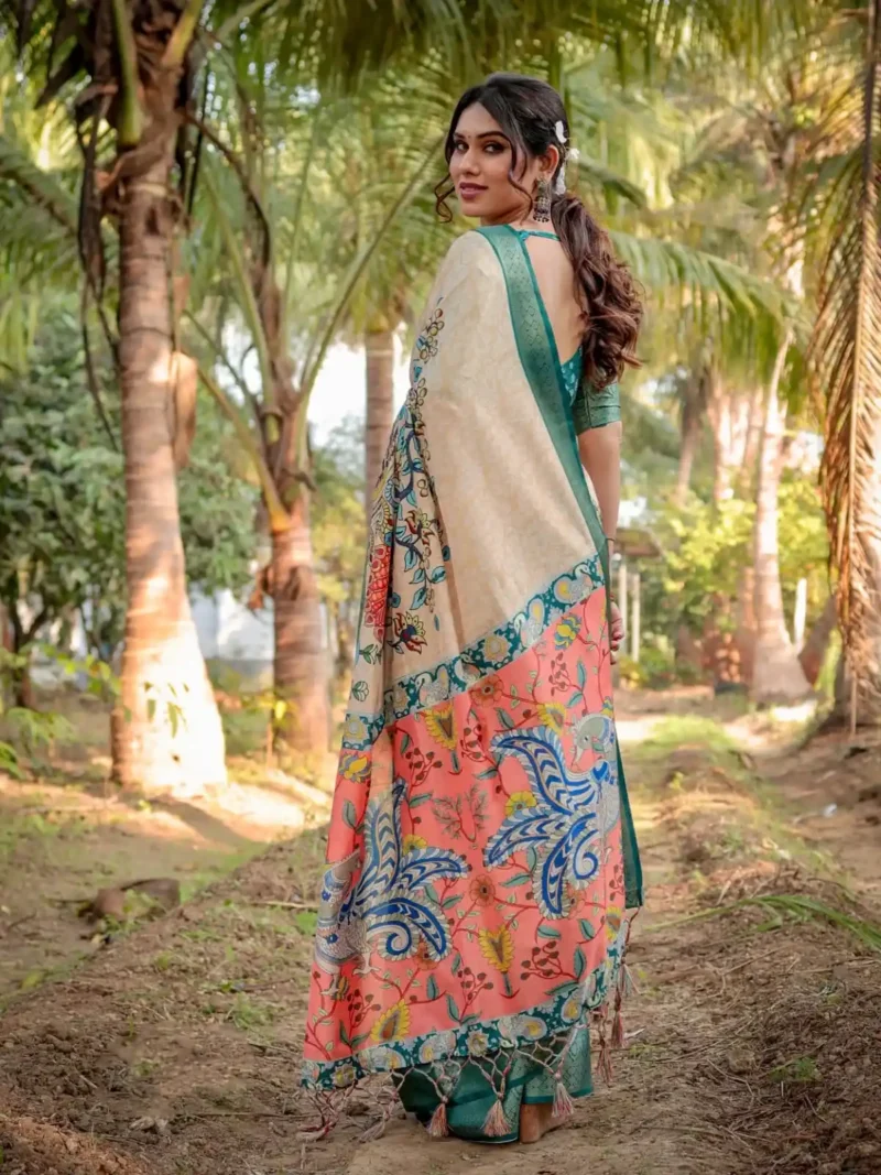 Beige Multicolor Digital Print Tussar Silk Saree