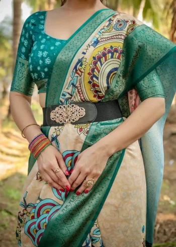 Beige Multicolor Digital Print Tussar Silk Saree