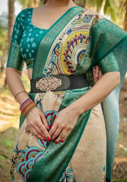 Beige Multicolor Digital Print Tussar Silk Saree