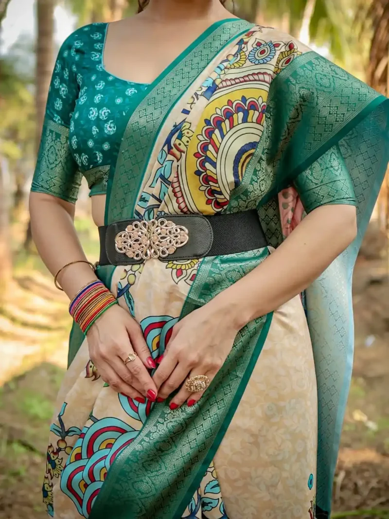 Beige Multicolor Digital Print Tussar Silk Saree