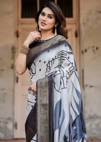 Black and White Modern Abstract Print Premium Silk Saree