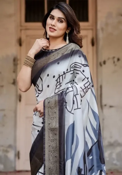 Black and White Modern Abstract Print Premium Silk Saree