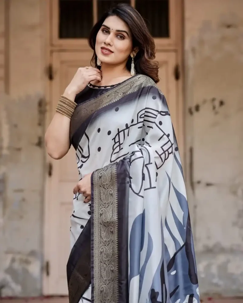 Black and White Modern Abstract Print Premium Silk Saree