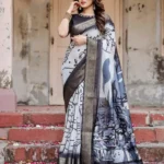 Black and White Modern Abstract Print Premium Silk Saree