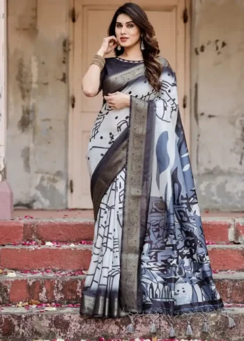 Black and White Modern Abstract Print Premium Silk Saree