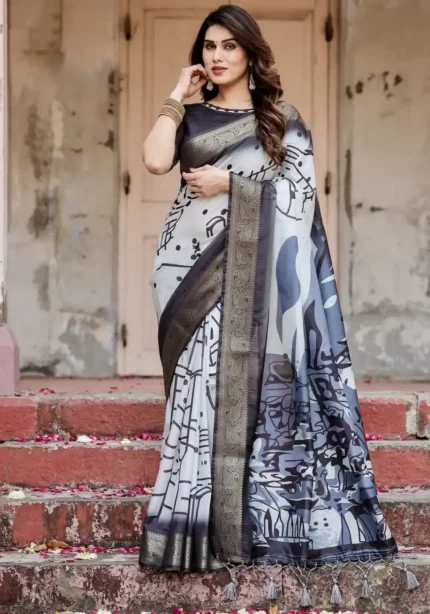 Black and White Modern Abstract Print Premium Silk Saree