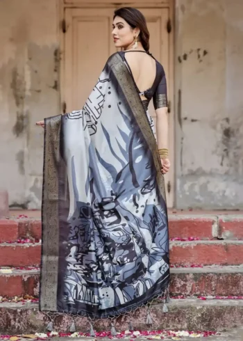 Black and White Modern Abstract Print Premium Silk Saree