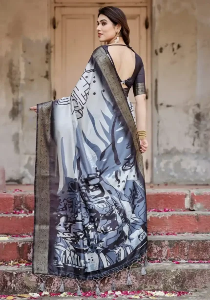 Black and White Modern Abstract Print Premium Silk Saree