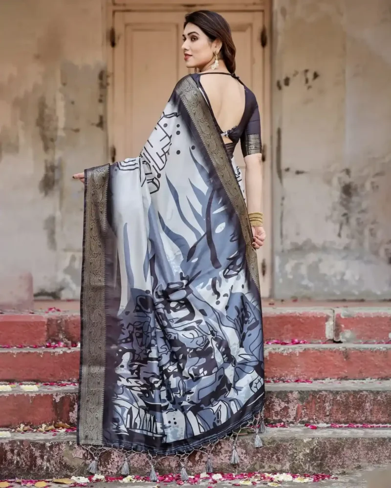 Black and White Modern Abstract Print Premium Silk Saree