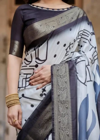 Black and White Modern Abstract Print Premium Silk Saree