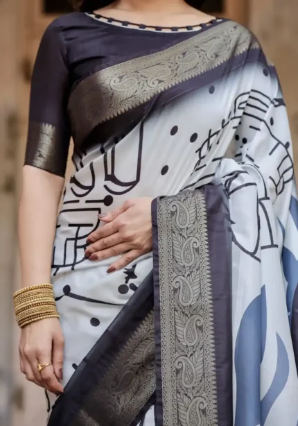 Black and White Modern Abstract Print Premium Silk Saree