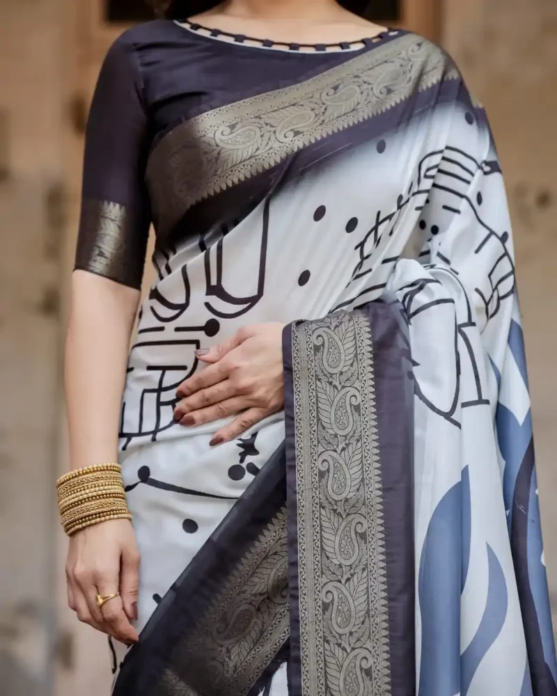 Black and White Modern Abstract Print Premium Silk Saree