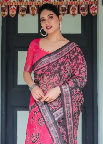 Black Base Pink Digital Floral Printed Linen Saree