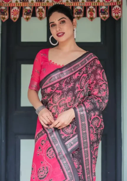 Black Base Pink Digital Floral Printed Linen Saree