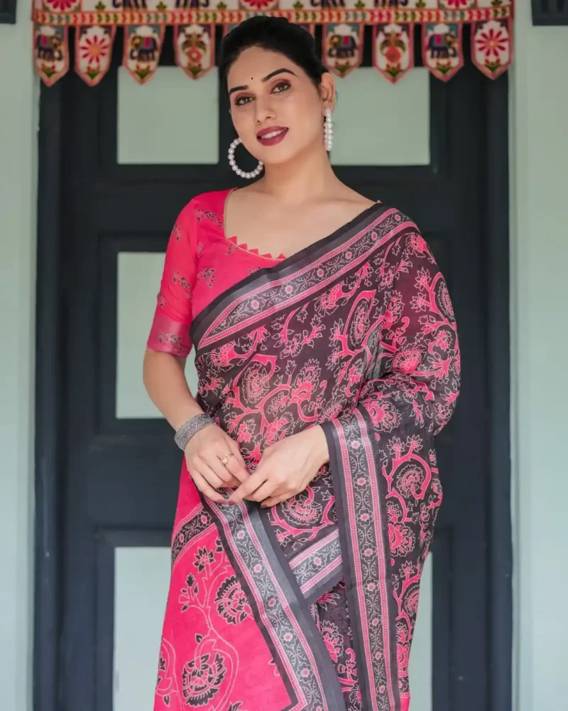 Black Base Pink Digital Floral Printed Linen Saree