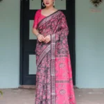 Black Base Pink Digital Floral Printed Linen Saree