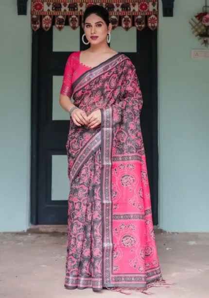 Black Base Pink Digital Floral Printed Linen Saree