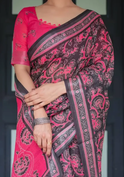 Black Base Pink Digital Floral Printed Linen Saree