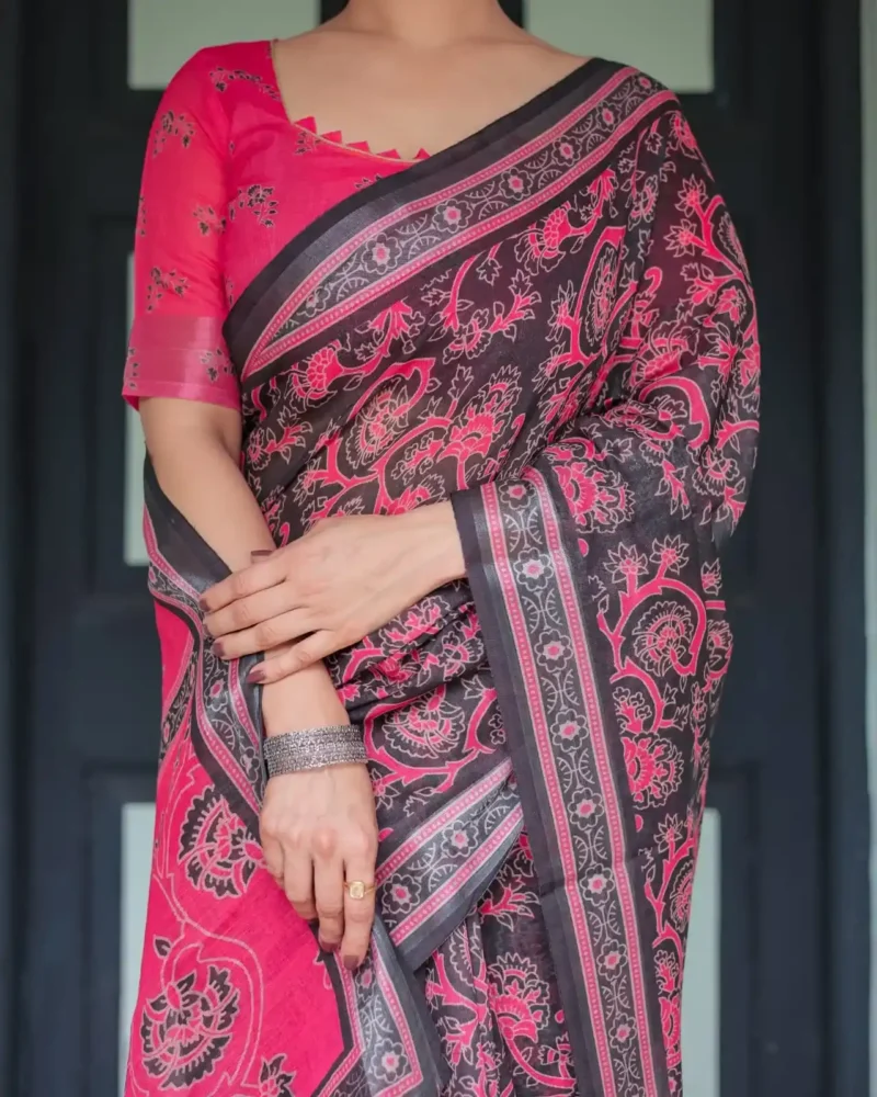 Black Base Pink Digital Floral Printed Linen Saree