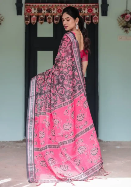 Black Base Pink Digital Floral Printed Linen Saree